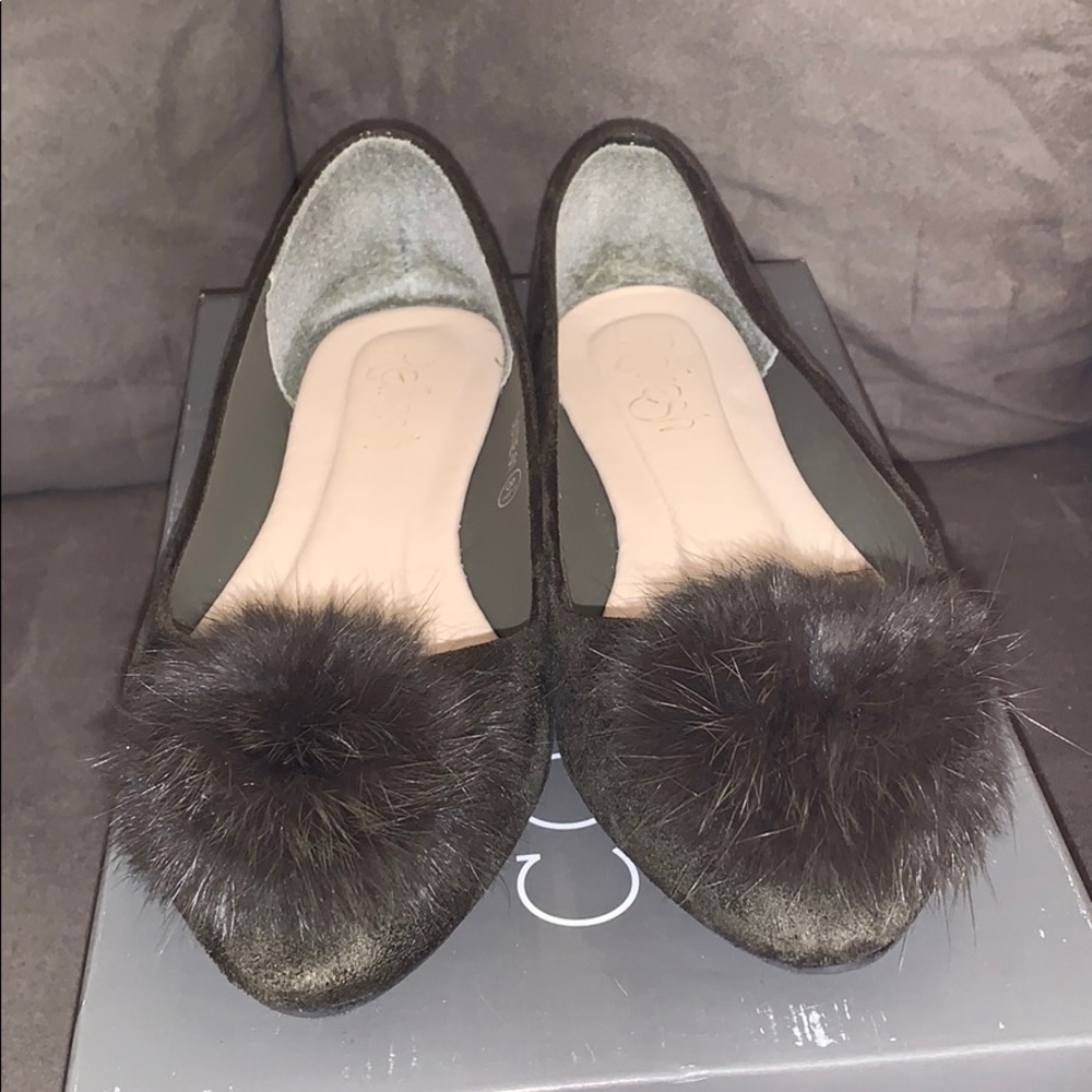 dark green fuzzy ball flats.